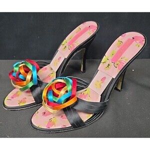 Betsey Johnson Springolator Heels Pumps Stilettos Bows Black Satin Heels Sz 8.5